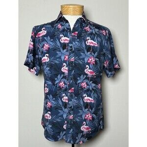 Envmenst Pink Flamingo Hibiscus Hawaiian Shirt Mens Size Small Button Down EUC